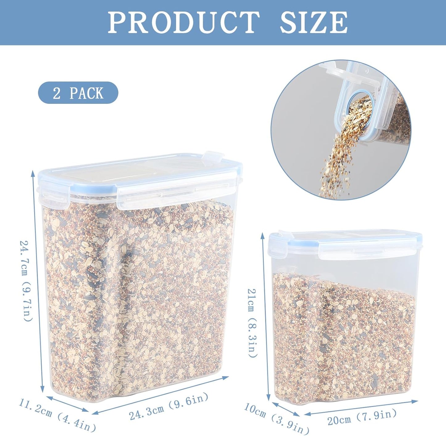 2Pack Bird Food Storage Container 3.52qt/4L & 2.2qt/2.5L, Airtight Pet Food Containers with Lids, Medium Latched Bird Seed Dispenser, BPA-Free