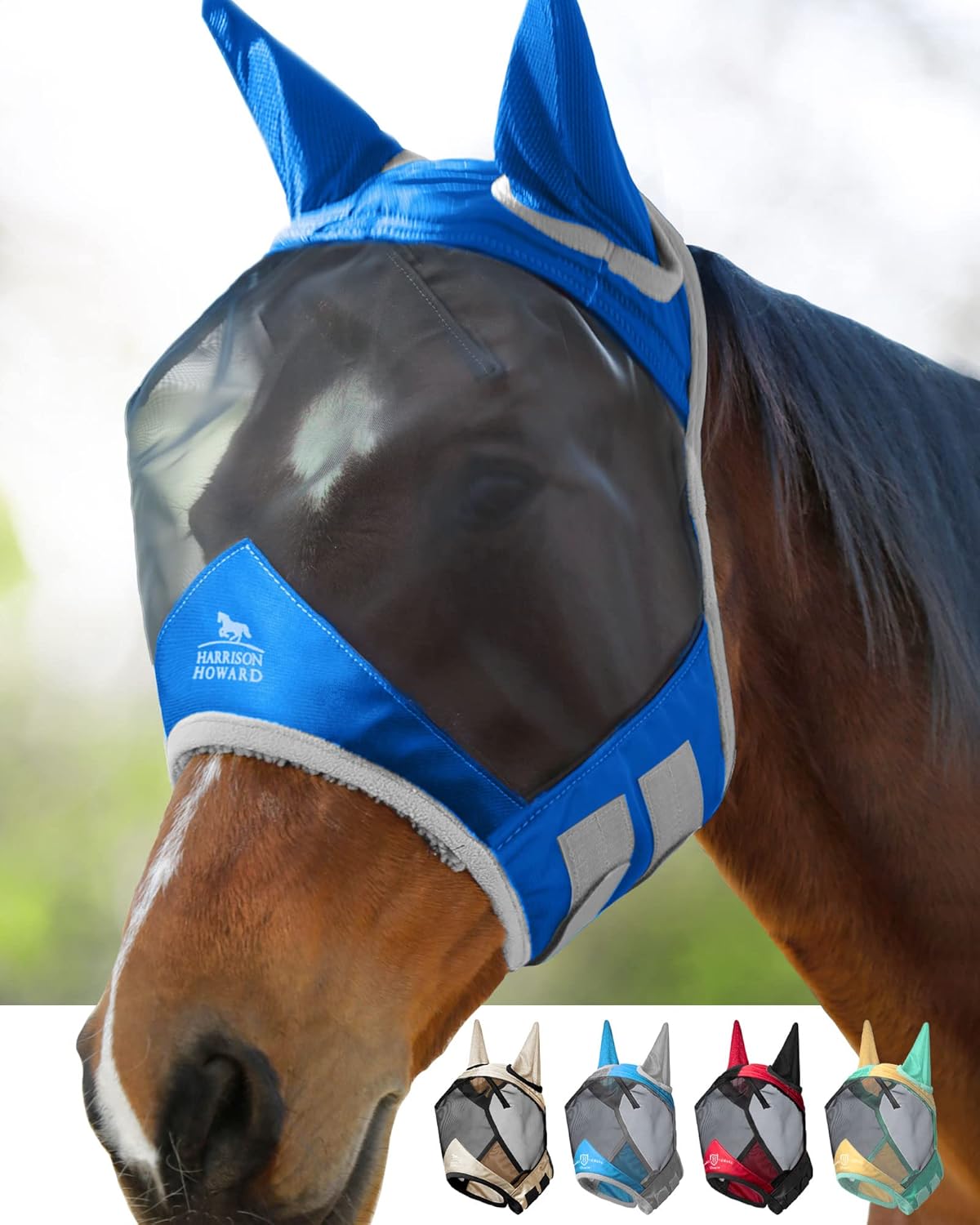 Harrison Howard Pro Luminous Horse Fly Mask Large Eye Space Standard with Ears UV Protection for Horse Signature Blue XL Extra Full Size