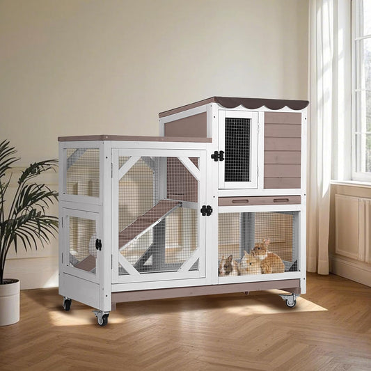 Rabbit Hutch Indoor for 2-4 Rabbits & Guinea Pigs,Bunny Cage with Slide-Out Plastic Trays,Wooden Small Animal Cage for Rabbits, Bunnies, and Guinea Pigs