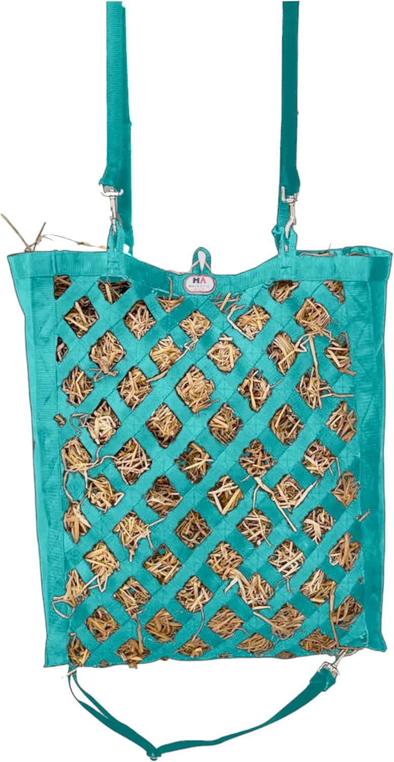 Majestic Ally Premium Nylon Hay Bag for Horses and Livestock, Simulates Grazing, Slow Feeding, Heavy-Duty PP Webbing,Quick-Adjust Straps, Small Hole for Digestion, Multiple Colors (Turquoise)
