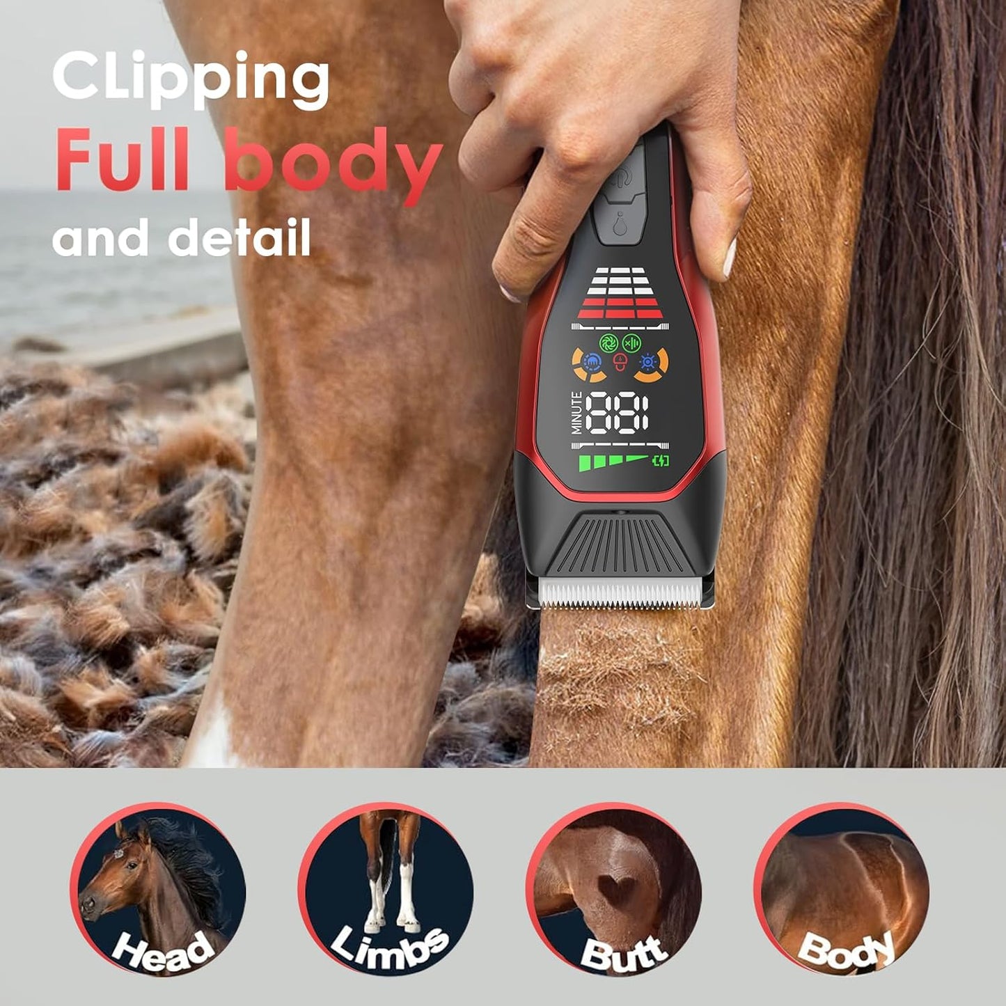 Horse Clippers Low Noise Rechargeble Horse Trimmer Kit, Pet Shaver for Heavy Thick Coats Grooming, 2-Speed Cordless Animal Shears for Horse, Sheep, Cats and Dogs