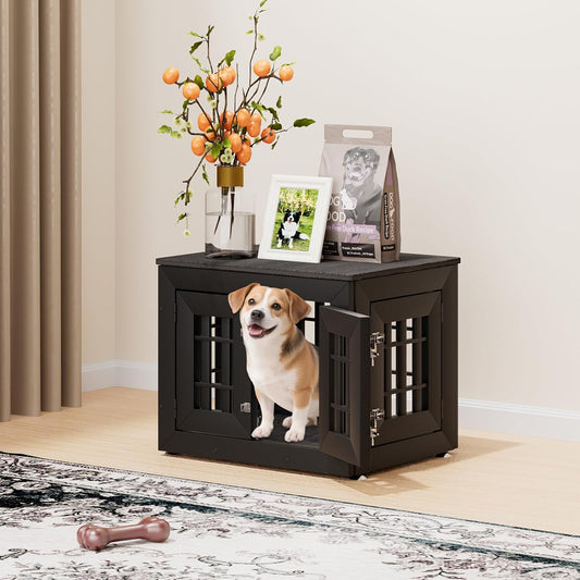 26" Heavy Duty Dog Crate Furniture for Small,Medium and Large Dogs,Rustic Wooden Dog Cage Kennel Indoor Furniture with Waterproof Top,Decorative Pet House Side End Table (Black & Grey)