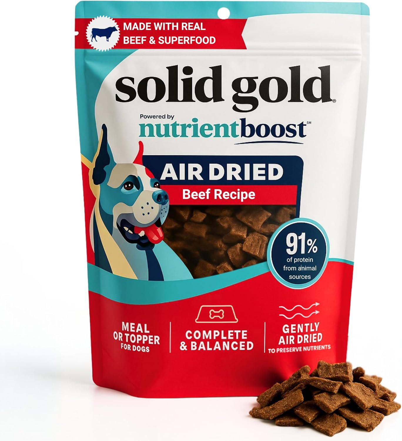 Solid Gold Air Dried Dog Food Toppers for Dry Food - Healthy Dog Treats w/Real Beef & Superfoods - Serve as a Complete Meal, Topper or Treats - Supports Muscle Growth, Immunity & Digestion - 1lb