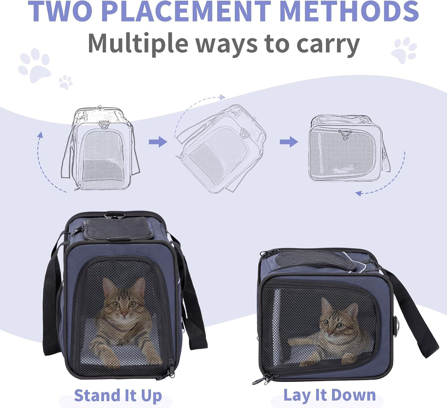 Petsfit Airline Approved Pet Carrier for Small Cats, 16.5x8.6x11 TSA Approved Carrier, with Removable Dual-Sided Padding (2-Way Placement) - Fits Under Most Airplane Seats, Escape Proof (Navy)