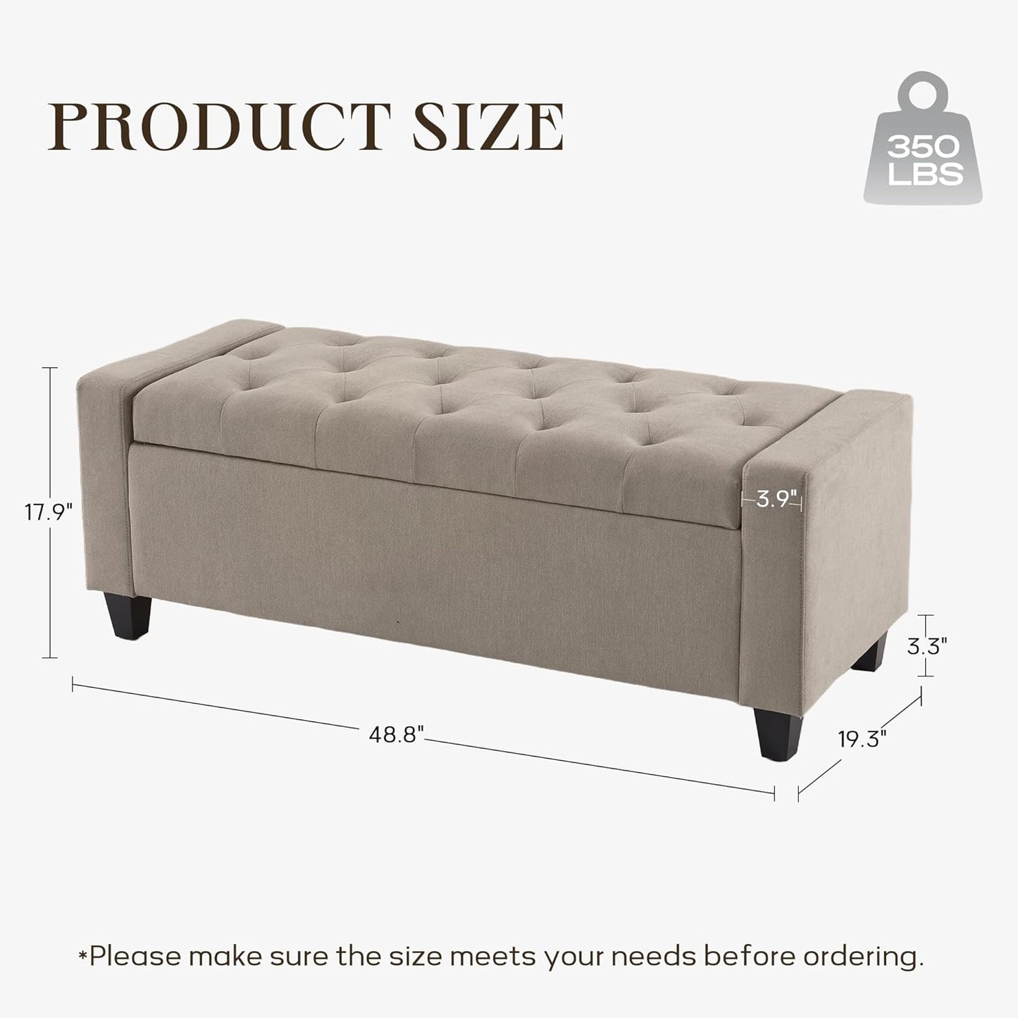 Ottoman with Storage, 48.8" Fabric Storage Ottoman Bench with Hinge, Bedroom Bench, Upholstered Benches with Seating for Living Room, Entryway (Khaki)