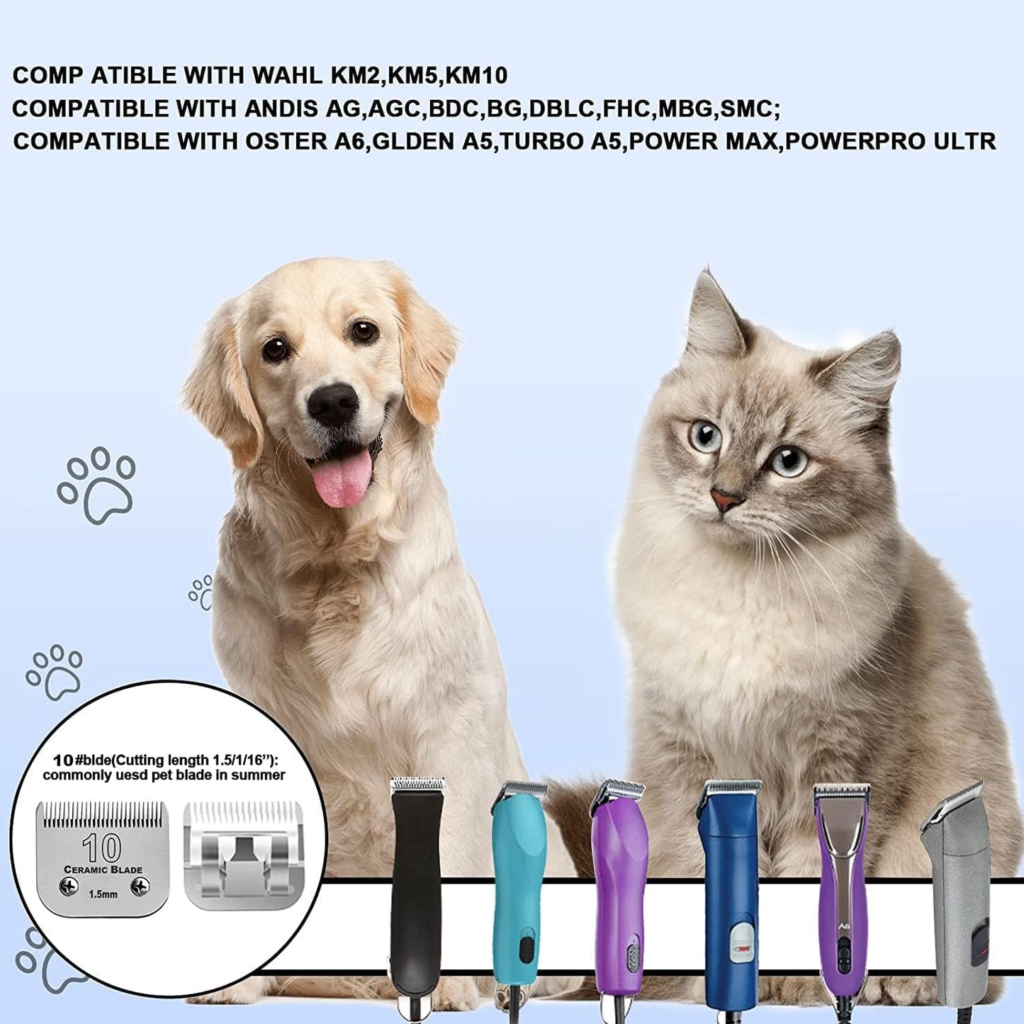 Dog Grooming Clipper Replacement Blades Compatible with Andis Pet Clipper/Oster A5/Wahl KM Series Dog Clipper,Ceramic Blade & Stainless Steel Blade(10+30+40+5FC+7FC)