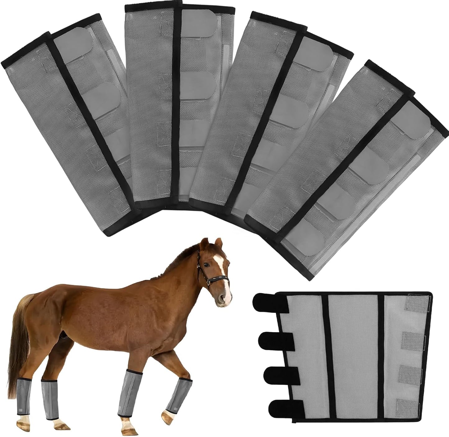 Mesh Horse Fly Boots Set of 4,Adjustable and Universal Loose Fitting & Non-Slip Horse Fly Leggings for Horses,Reduce Stressful Stomping (Grey)