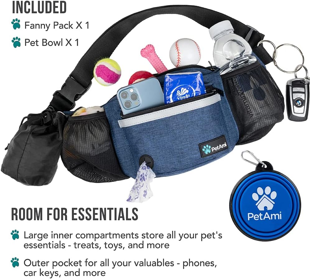 PetAmi Dog Fanny Pack, Treat Pouch for Dog Walking, Training, Built in Poop Bag Dispenser, Water Bottle Holder, Collapsible Bowl, Pet Treat Waist Belt for Hiking, Running, Kibbles (Navy Blue)