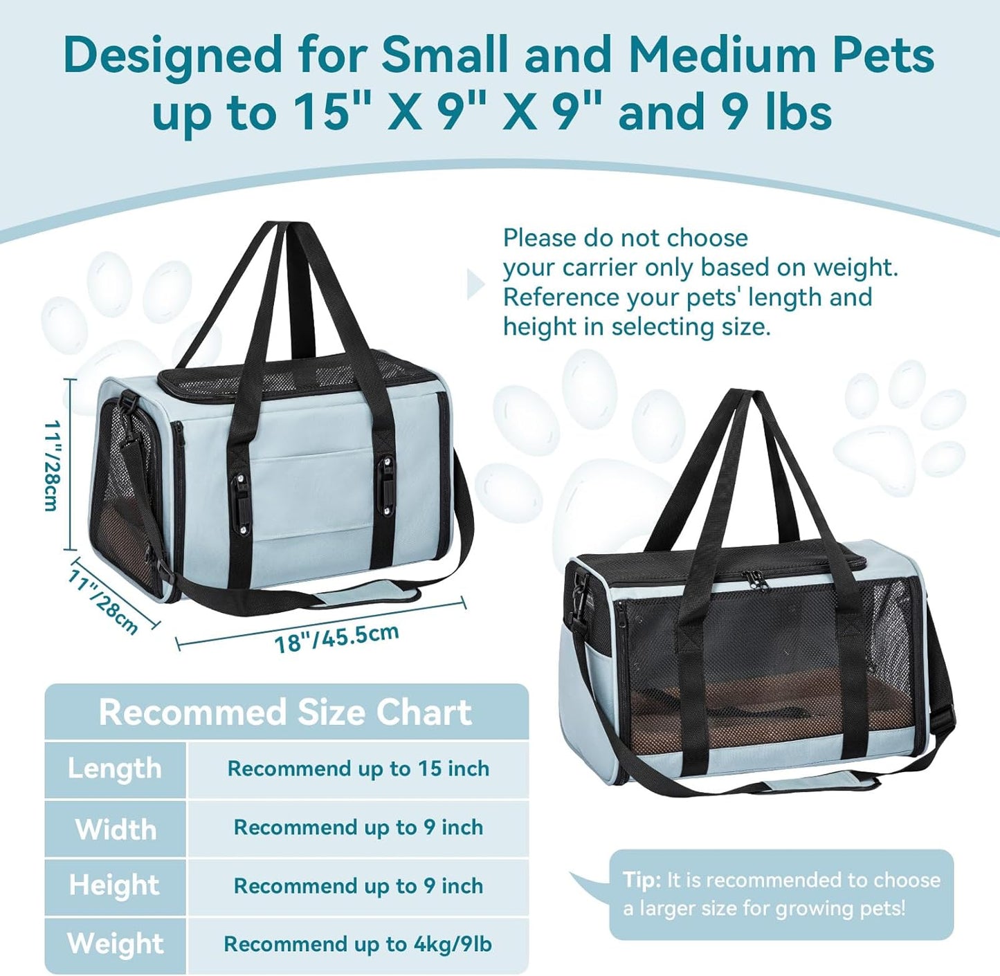 PETSFIT Soft-Sided Cat Carriers & Car Seats with Patent Safe Buckles, Clip-On Harness,18"x11"x11" Airline Approved Pet Carrier - 9 lbs Capacity (Cyan Blue)