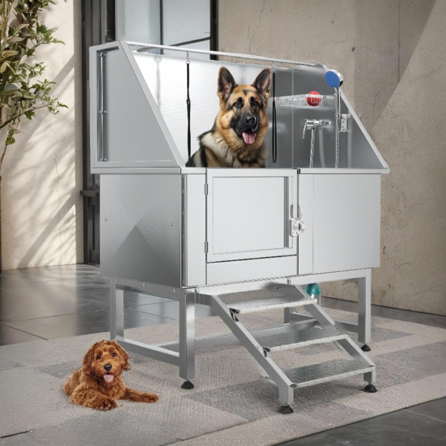 YITAHOME Dog Bathing Station, Professional Stainless Steel 304 Dog Grooming Bathtub w/Left Stairs, Faucet, Floor Grate, 50in Pet Washing Station for Large, Medium, Small Pets