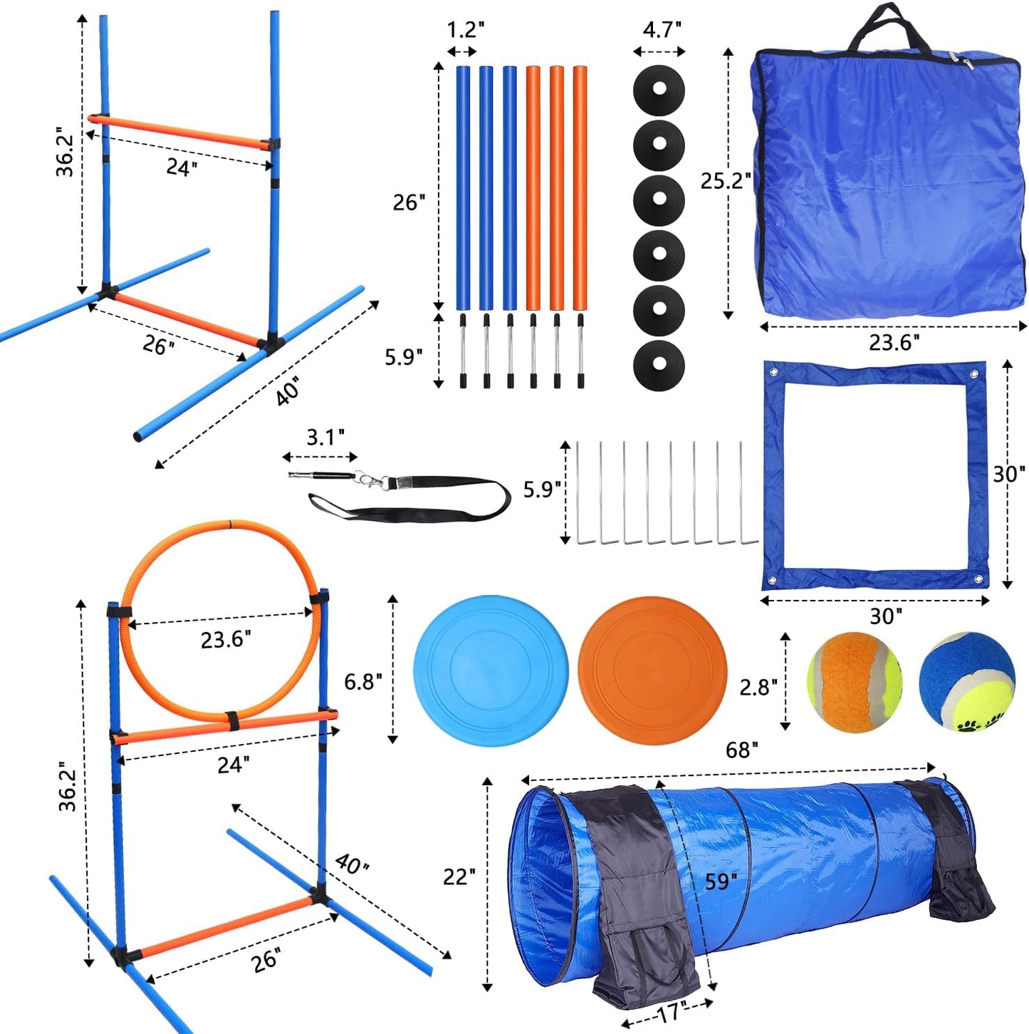 Dog Agility Training Equipment Set Outdoor Indoor Game, Tire Jump + Hurdle Jump, Tunnel, Weave Poles, Pause Box, 2 Toy Balls, 2 Flying Discs, 1 Whistle, 1 Bag, Backyard Premium Dog Obstacle Course Kit