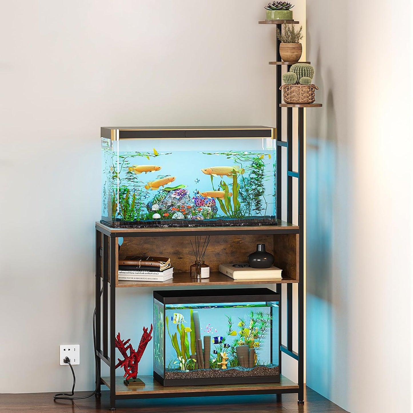 Aquarium Stand with Plant Shelves,20-Gallon Fish Tank Stand with 2-Tier Storage and Display Racks,Metal Frame Reptile Tank Table with Tall Plant Holders,Industrial Rack for Home,Office