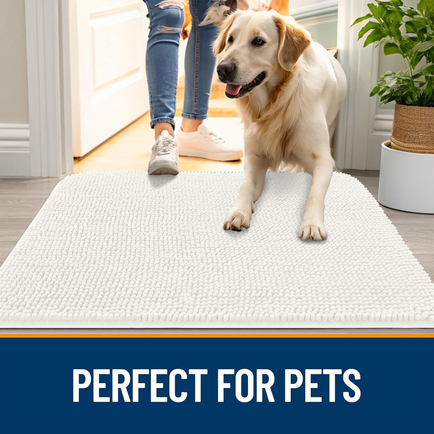 OLANLY Dog Door Mat for Muddy Paws 30x17, Absorbs Moisture and Dirt, Absorbent Non-Slip Washable Doormat, Quick Dry Chenille Mud Mat for Dogs, Entry Indoor Entryway Carpet for Inside Floor, Ivory