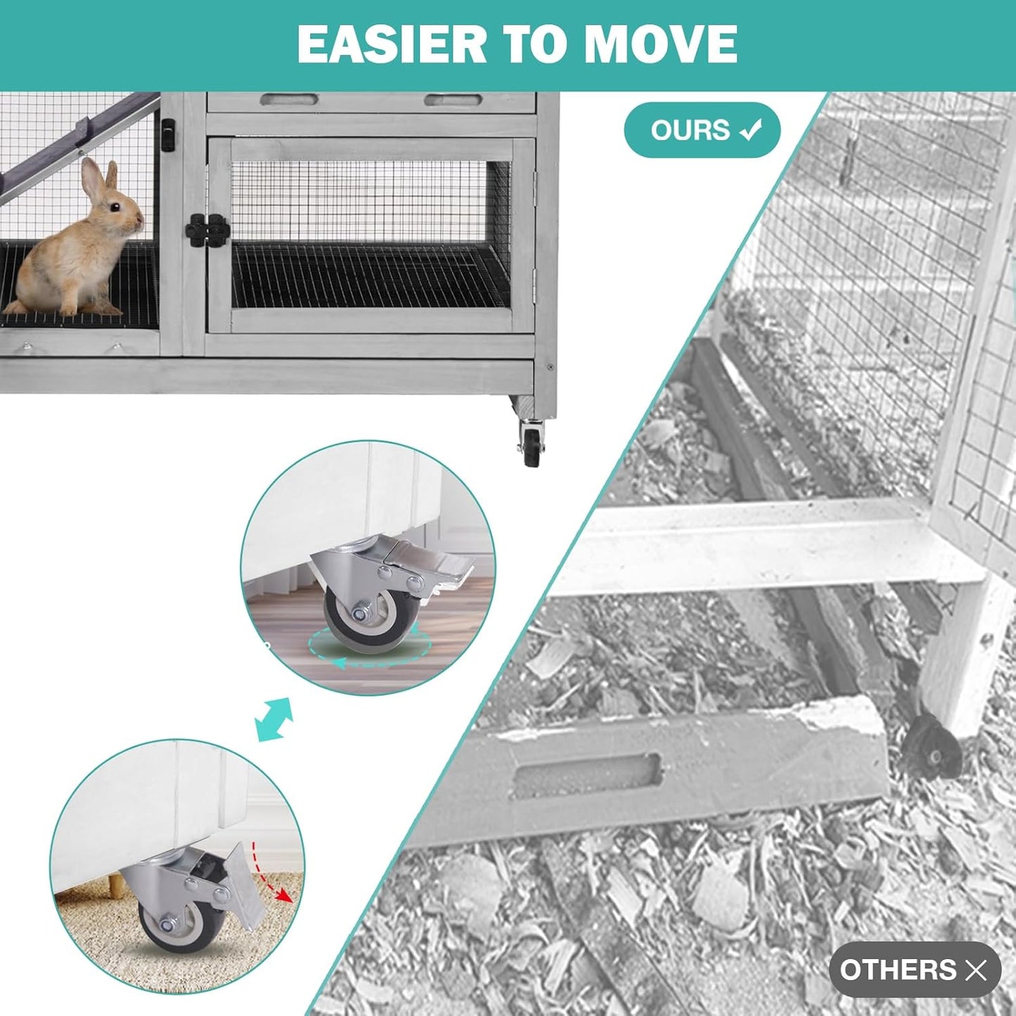 Rabbit Hutch Indoor for 2-4 Rabbits & Guinea Pigs,Bunny Cage with Slide-Out Plastic Trays,Wooden Small Animal Cage for Rabbits, Bunnies, and Guinea Pigs (Light Grey)