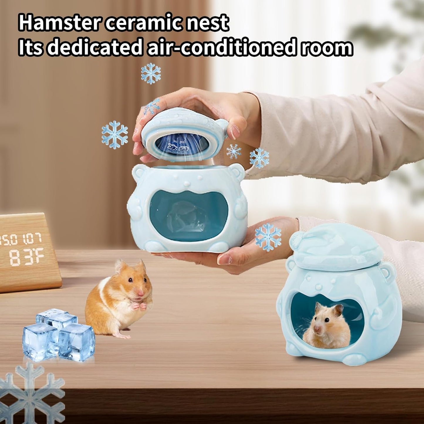 3-in-1 Bear Shaped Ceramic Hamster House - Cool House for Syrian Dwarf Hamsters, Mice, Gerbils, Small Pets, Top for Hamster Food, Removable Lid for Ice Packs, Cute Cool Hideout for Summer(Blue)