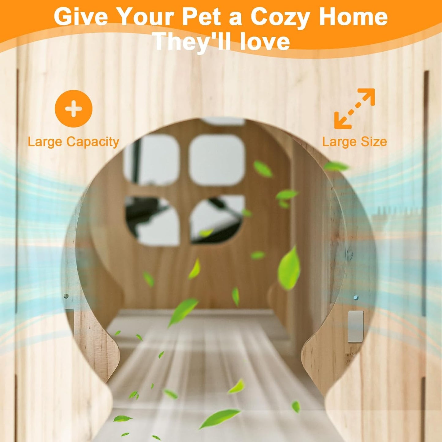 Natural Wooden Rabbit Castle House,Extra Large Hideout for Rabbit Guinea Pig Chinchilla Ferret,Sturdy Bunny House with Stair