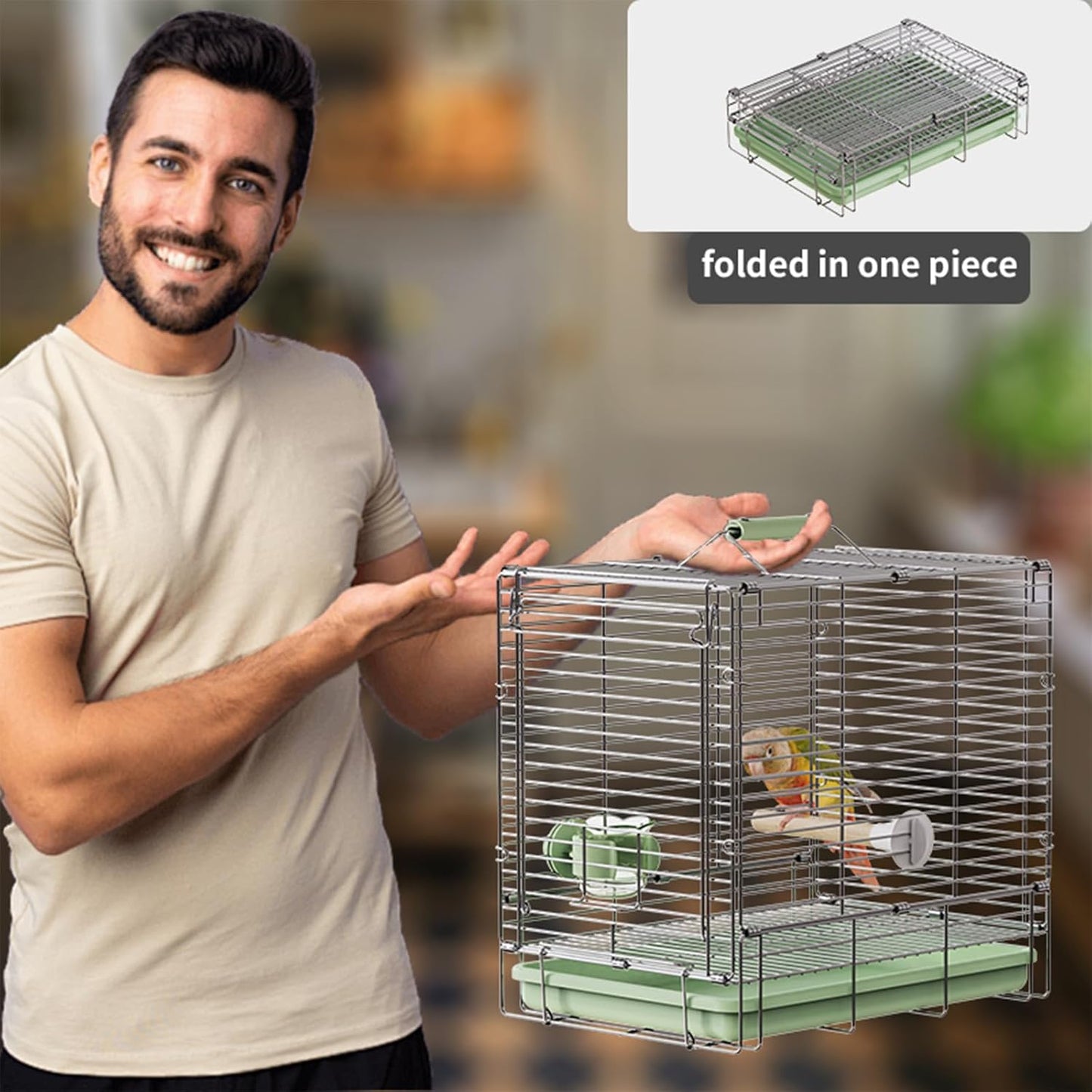 Bird Carrier Travel Cage - 304 Stainless Steel Portable Folding Bird Travel Cage with Parrot Feeder Cups & Standing Perch for Smaller Birds Conures Lovebird Cockatiel Parakeets (Green)