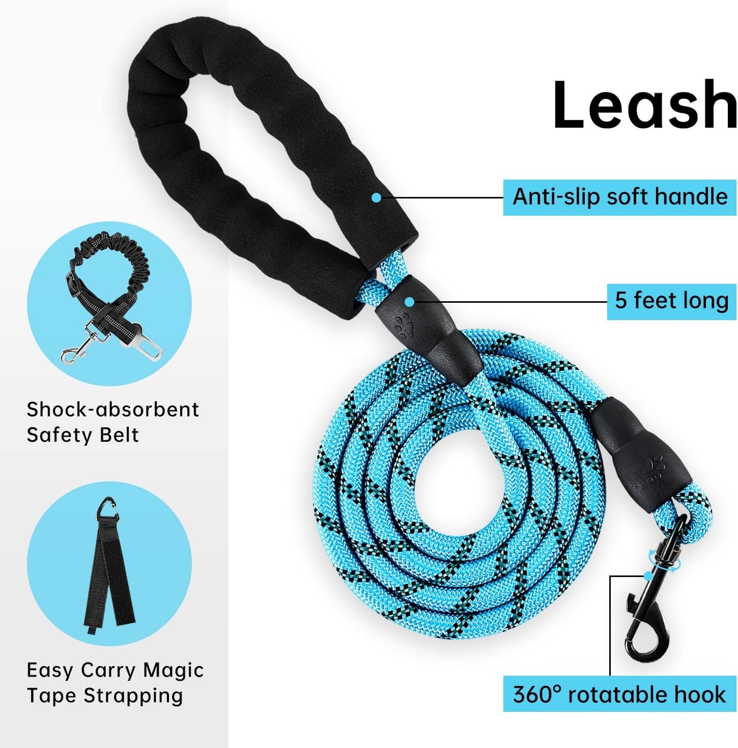IVY&LANE No Pull Dog Harness for Large Dogs, Dog Vest Harness with Leash, Safety Belt and Storage Strap, Fully Adjustable Harness, 360° Reflective Strip, Soft Handle (Blue, L)