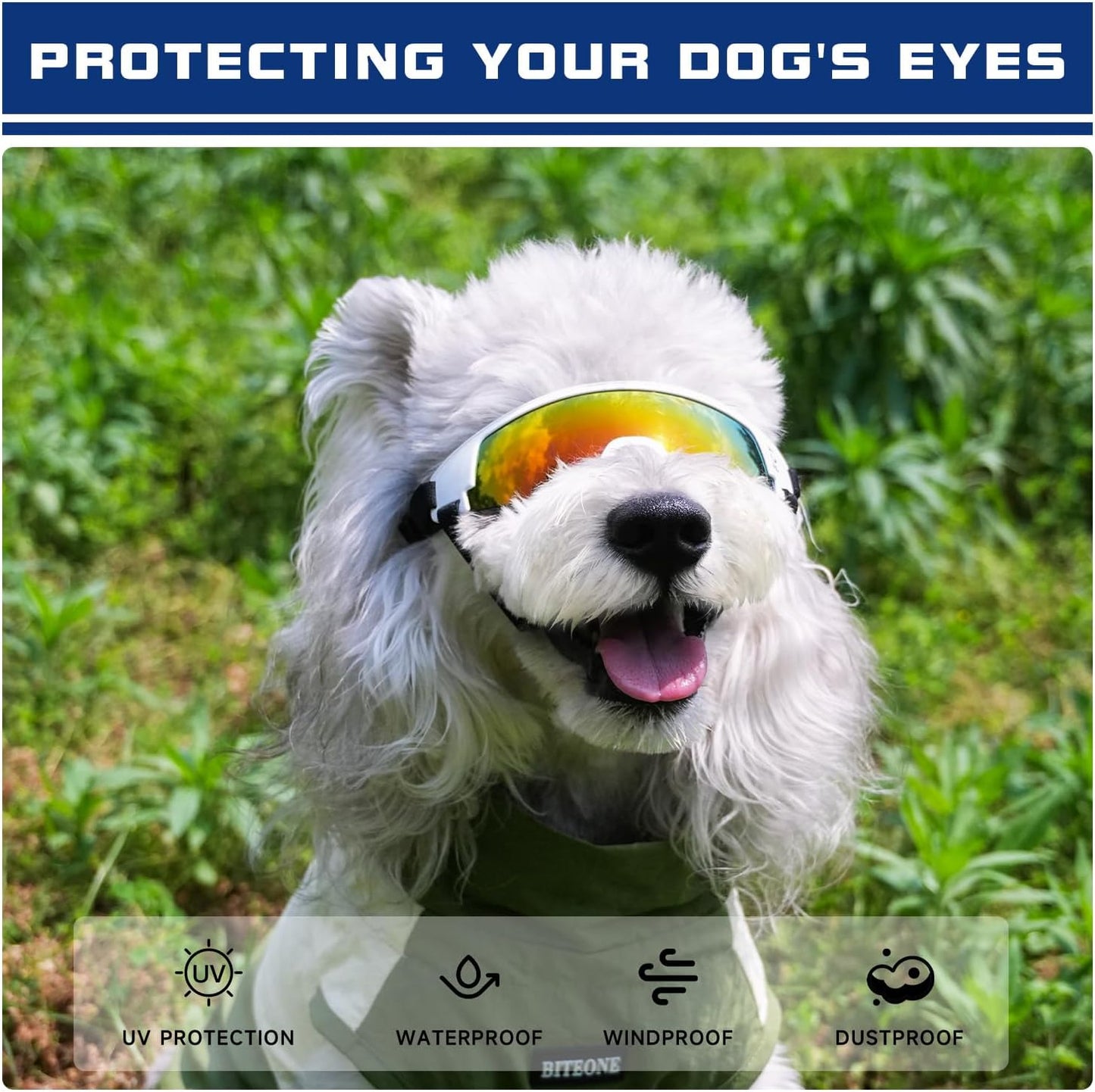 Dog Goggles for Small to Medium Breed, Dog Sunglasses UV Protection, Windproof & Anti-Fog, Puppy Sunglasses with Padded Frame and Adjustable Straps for Outdoor Riding, Driving(White)