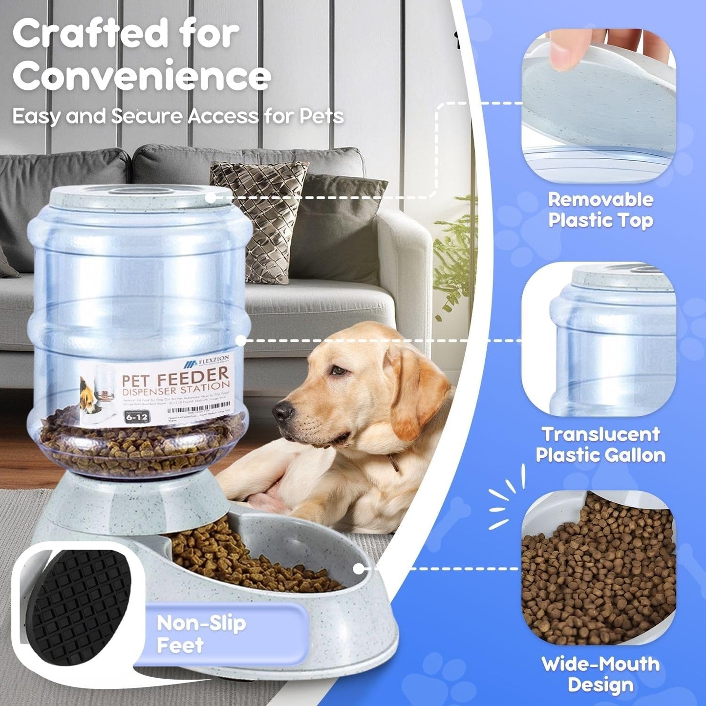 Flexzion Gravity Pet Feeder Food Dispenser (6-12 lb Size) Automatic Replenish Dry Food Storage Container Bowl for Small Medium Breed Dog Cat Animal Feeding Watering Fountain Supplies
