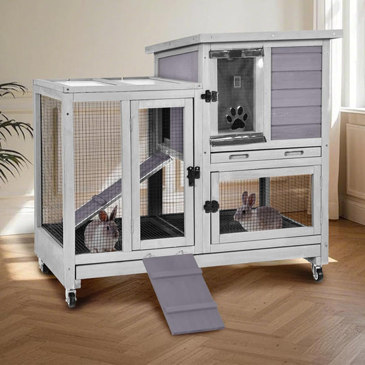 Rabbit Hutch Indoor for 2-4 Rabbits & Guinea Pigs,Bunny Cage with Slide-Out Plastic Trays,Wooden Small Animal Cage for Rabbits, Bunnies, and Guinea Pigs (Light Grey)