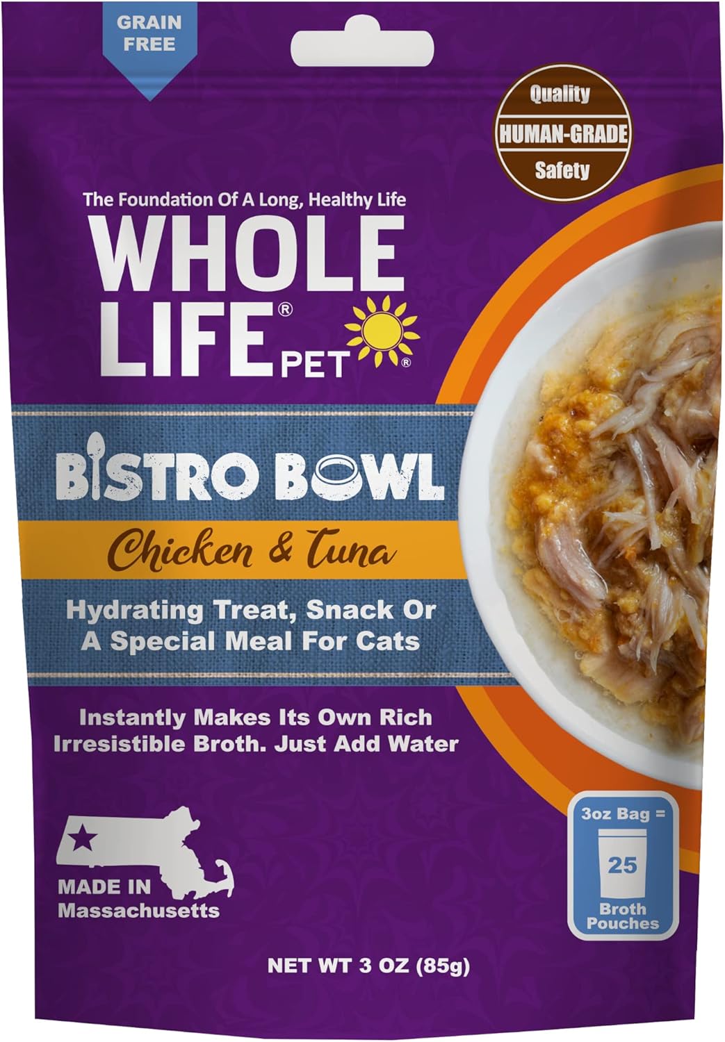 Whole Life Pet Bistro Bowls - Human-Grade Wet Food Toppers & Complement, Natural & Flavorful Broth, Instantly Hydrating Cat Snacks, Lickable Cat Treats, Just Add Water - Chicken & Tuna, 3 Oz