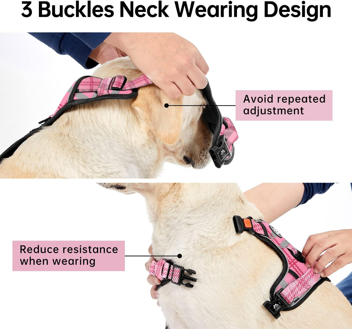 IVY&LANE No Pull Dog Harness with Leash Set, Reflective No Choke Pet Vest,Adjustable Oxford Dog Vest Harness with Easy Control Handle for Medium Lagre Dogs (Checkered Pink,M)