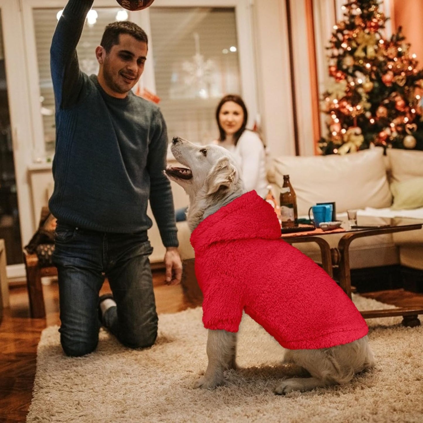 Fuzzy Dog Sweaters for Large Dogs Pet Hoodie Clothes Warm Soft Pet Coats Hooded Sweatshirt Dog Hoodie for Large Dogs(Red-L)