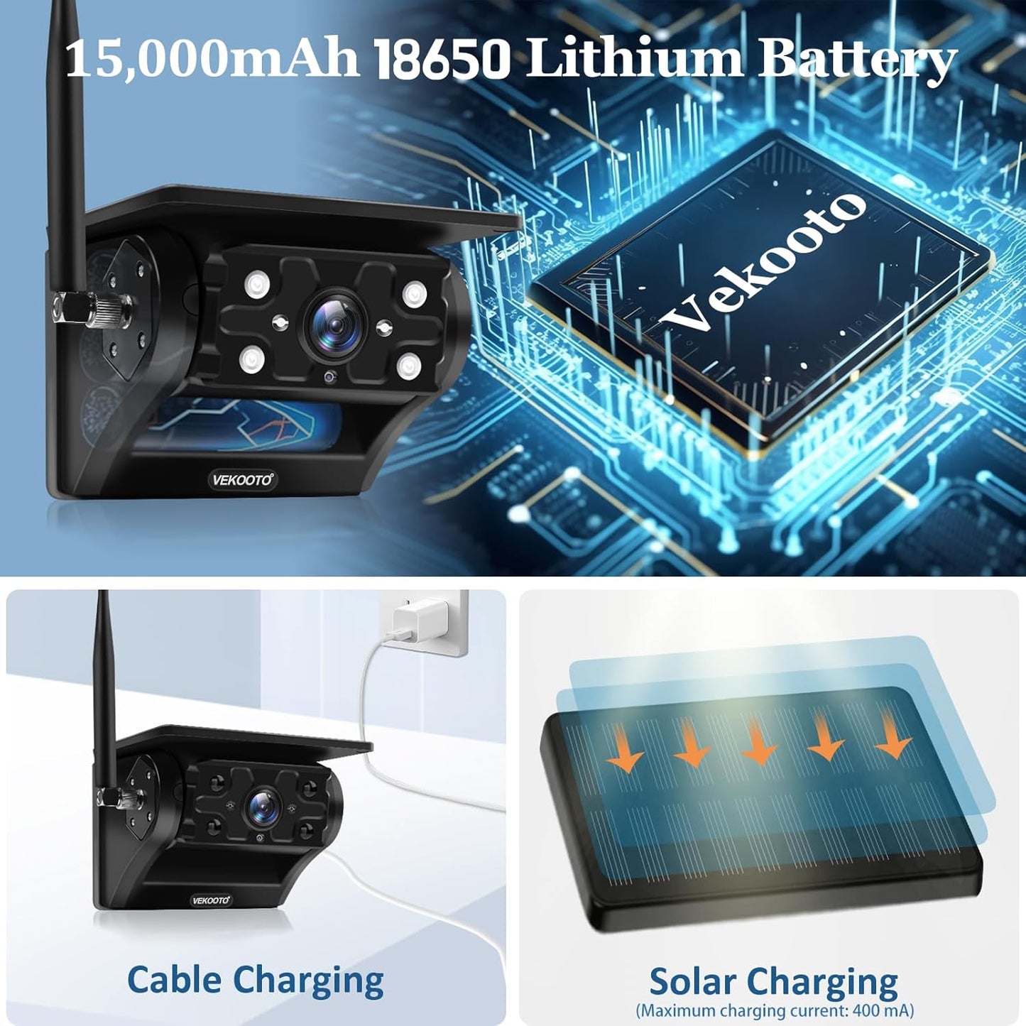 VEKOOTO Magnetic Solar Wireless Backup Camera VK7, 7'' IPS Touchscreen Monitor HD1080P No Wiring 15,000mAh Rechargeable Camera System for Hitching Gooseneck Horse Trailer RV Camper Car Truck