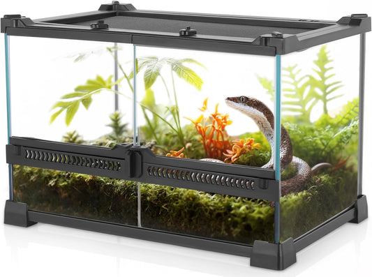 Mini Reptile Glass Terrarium 12"x8"x8" Durable Reptile Habitat Tank with Heat Resistant Aluminum Alloy Frame, Double Swinging Doors for no Jam by Sand and Other Debris