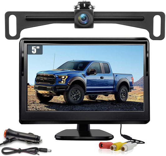 Kairiyard License Plate Backup Camera with 5in Monitor, 170 Degree Wide Angle DIY Grid Lines Waterproof Reverse Rear View Camera Systems for Truck Car Trailer SUV