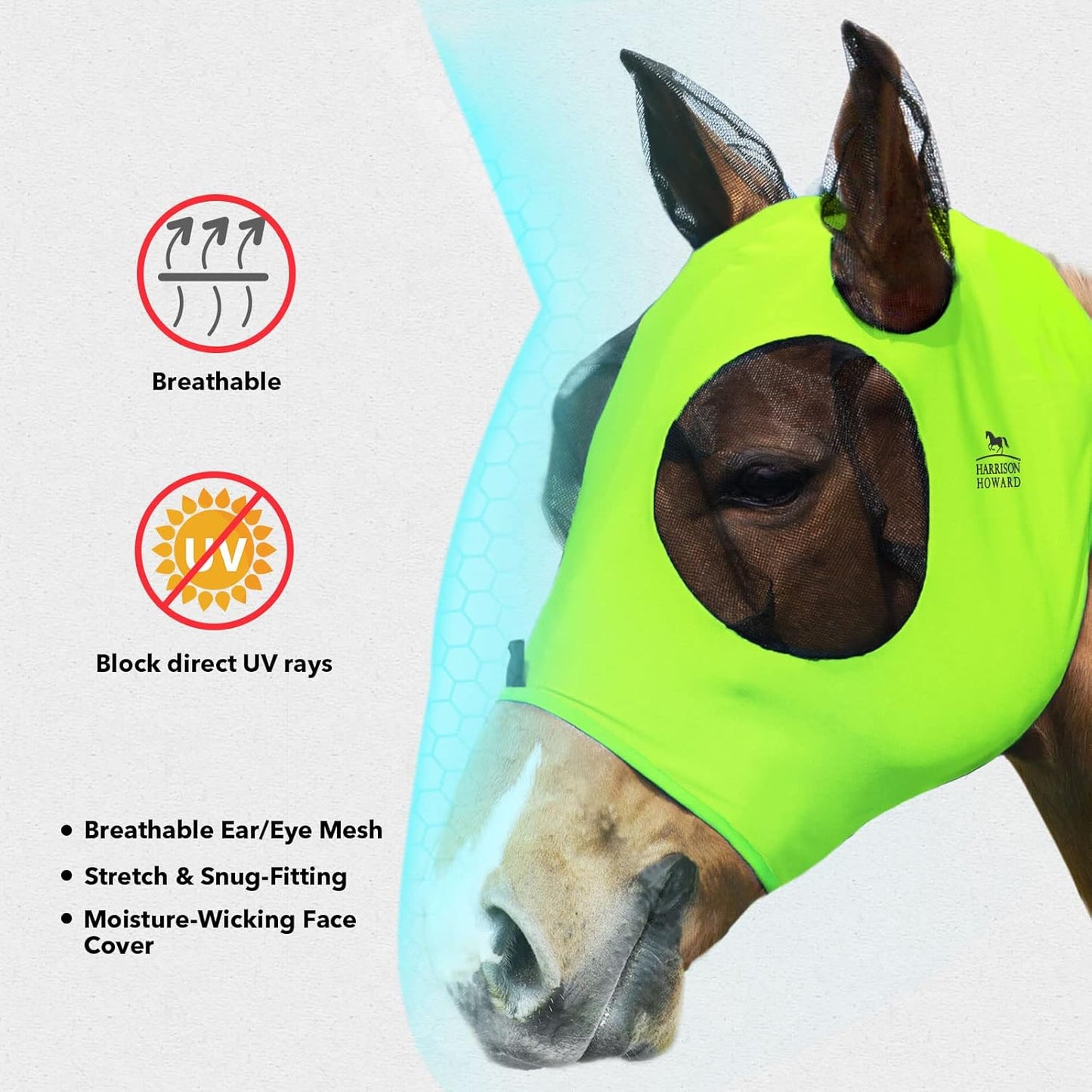 Harrison Howard Super Comfort Stretchy Fly Mask Large Eye Space with UV Protection Soft on Skin with Breathability Fluro Lime Full Size