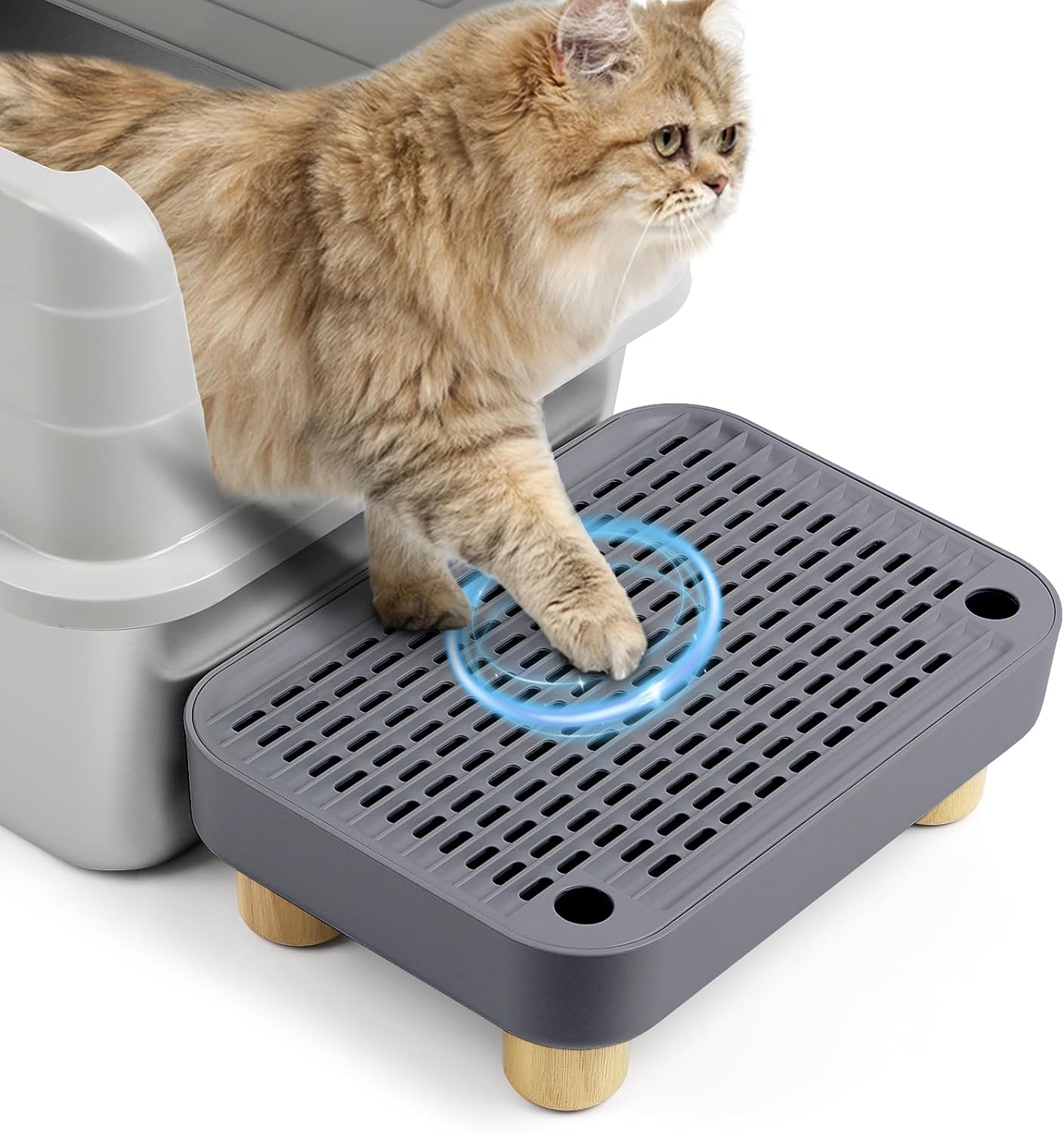 Cat Litter Box Step Ramp, Cat Litter Catcher Mat with Wooden Feet, Filter Function, Cat Pedal Stool for Self-Cleaning Cat Litter Box, Ideal for Kitten & Elderly Cats (Dark Grey)