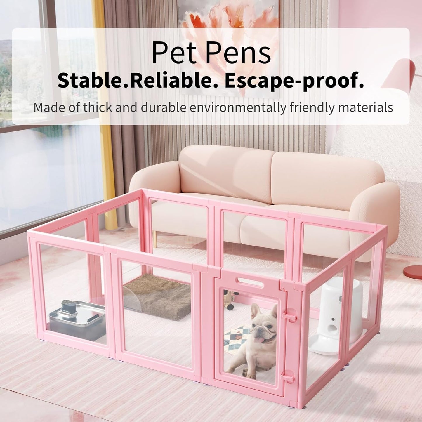 DIY Clear Acrylic Dog Playpen House,Quick Easy Assembly and Disassembly,Strong Floor Suction,Indoor and Outdoor Use,Easy Cleansing Puppy Fence (Sakura Pink, 23.6" H, 12PCS)