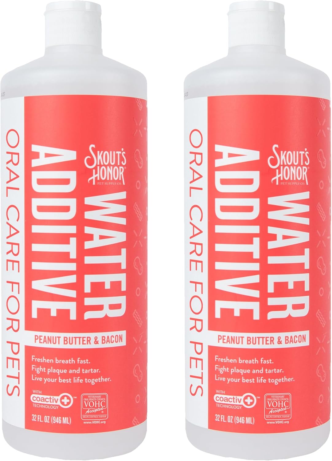 SKOUT'S HONOR Peanut Butter & Bacon Water Additive - VOHC Accepted for Tartar Control, Freshens Breath Fast, No Brushing Required, 32 oz, 2-Pack
