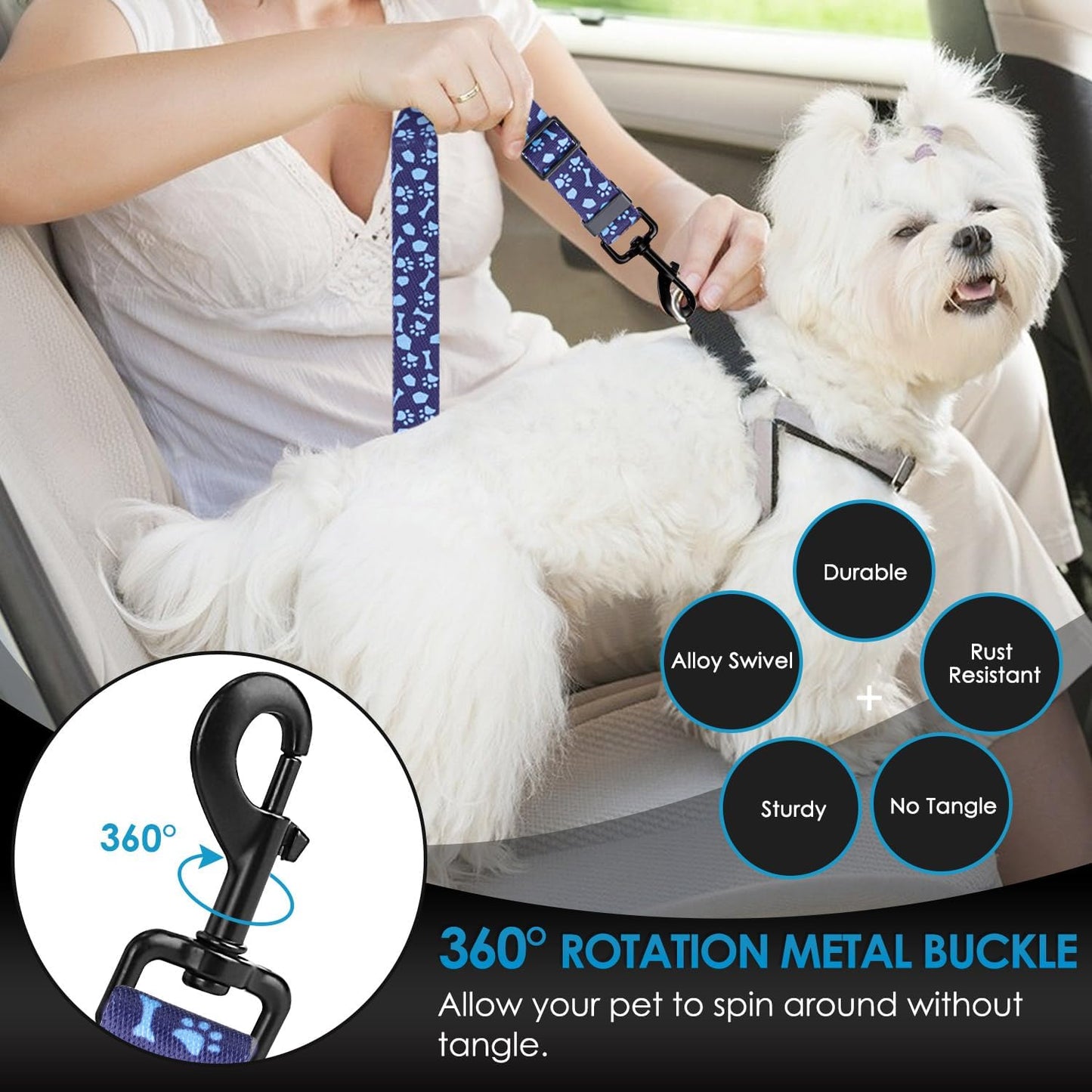 Lukovee Dog Seatbelt Leash for Cars, 2 Pack Pet Safety Car Seat Belt with Adjustable Buckle & Reflective Bungee, Connect Dog Harness in Vehicle Car Dogs Restraint Travel Daily Use (Blue Paw)
