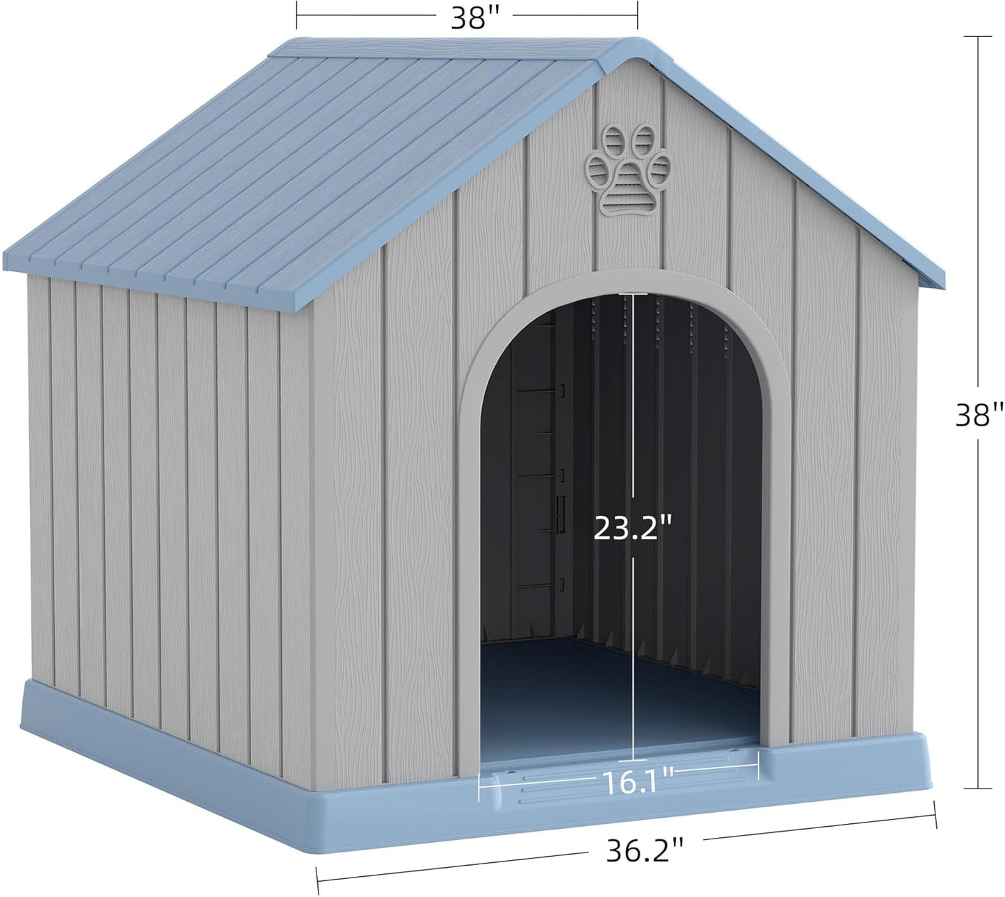 Large Dog House Outdoor Indoor for Medium Large Dogs, Durable Plastic Waterproof Doghouse with Air Vents and Elevated Floor, Easy Clean and Assemble (Blue, 36.2''LĂ38''WĂ38''H)