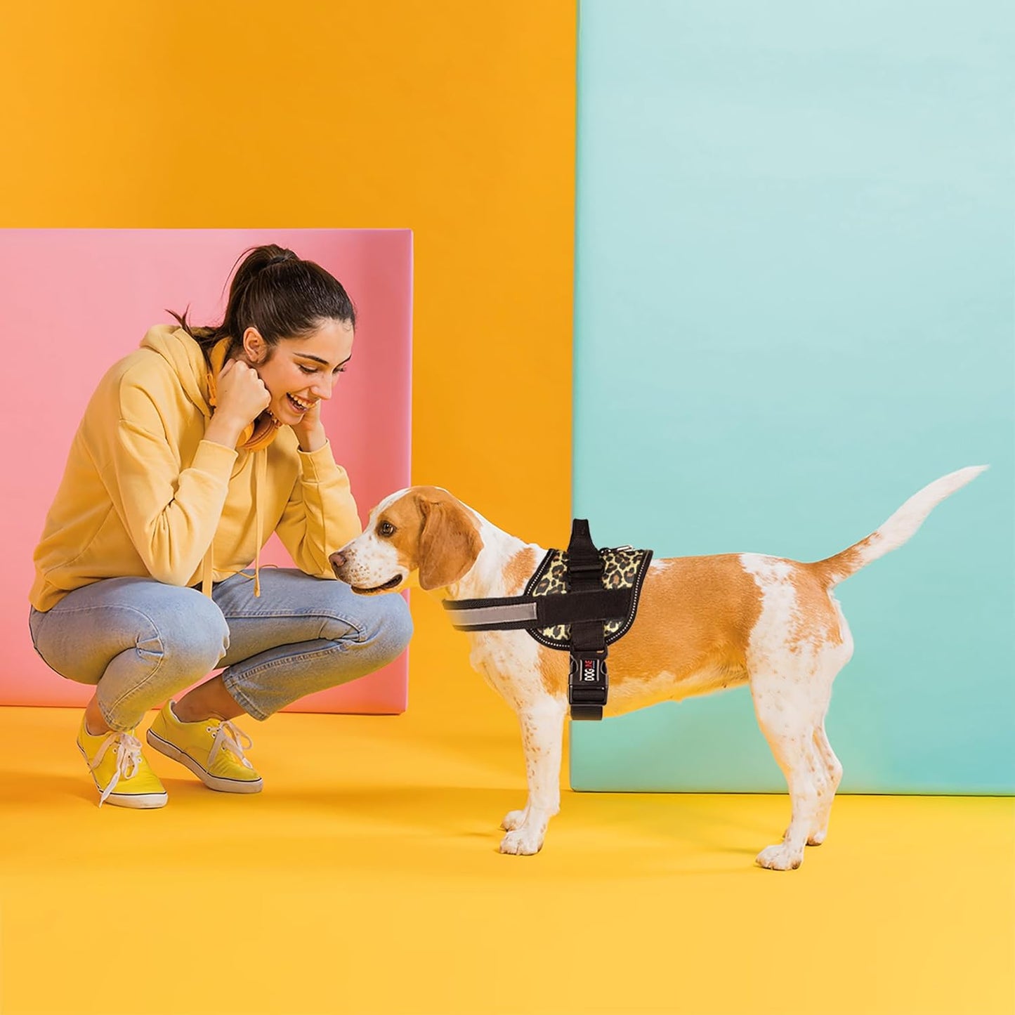 Dogline Dog Harness, Reflective No-Pull Adjustable Vest with Handle for Walking, Training, Breathable, No - Choke Harness for Small, Medium or Large Dogs Room for Patches Leopard Brown XL 33"-46"