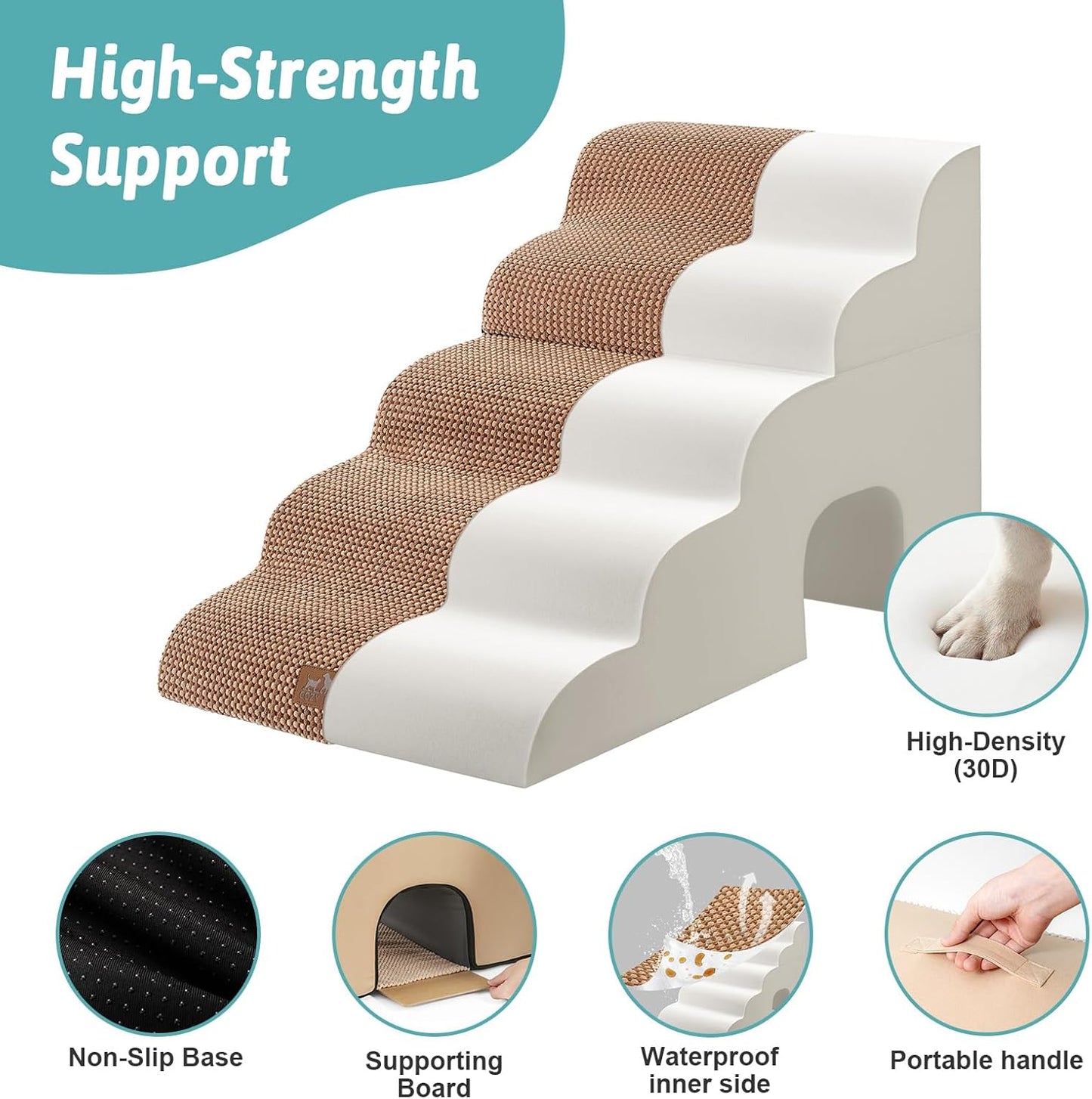 Extra Wide Dog Stairs with Tunnel, Detachable Large Pet Step for Small Medium Dog, Puppy or Cat, Ramp for High Bed, Couch, Sofa or Car, Stable, 19.7x33x22.4 inch, 5 Step, Light Brown