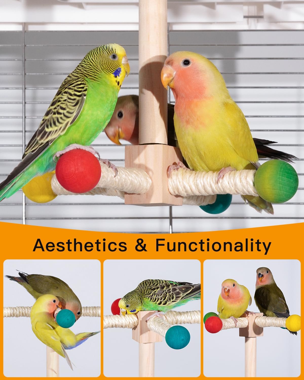 Bird Stand Perch Toy, 360° Wooden Spinning Toy for Parrots, Fun Cage Toy Accessory, Suitable for Budgies, Cockatiels, Lovebirds, Parakeets, Finches and Other Small to Medium Birds
