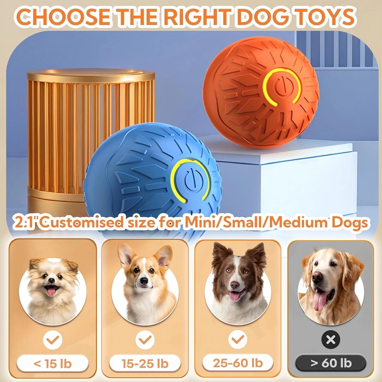 2025 New Interactive Dog Toys Dog Balls,Durable Motion Activated Automatic Rolling Ball Toys for/Small/Medium Dogs(Orange+Blue)