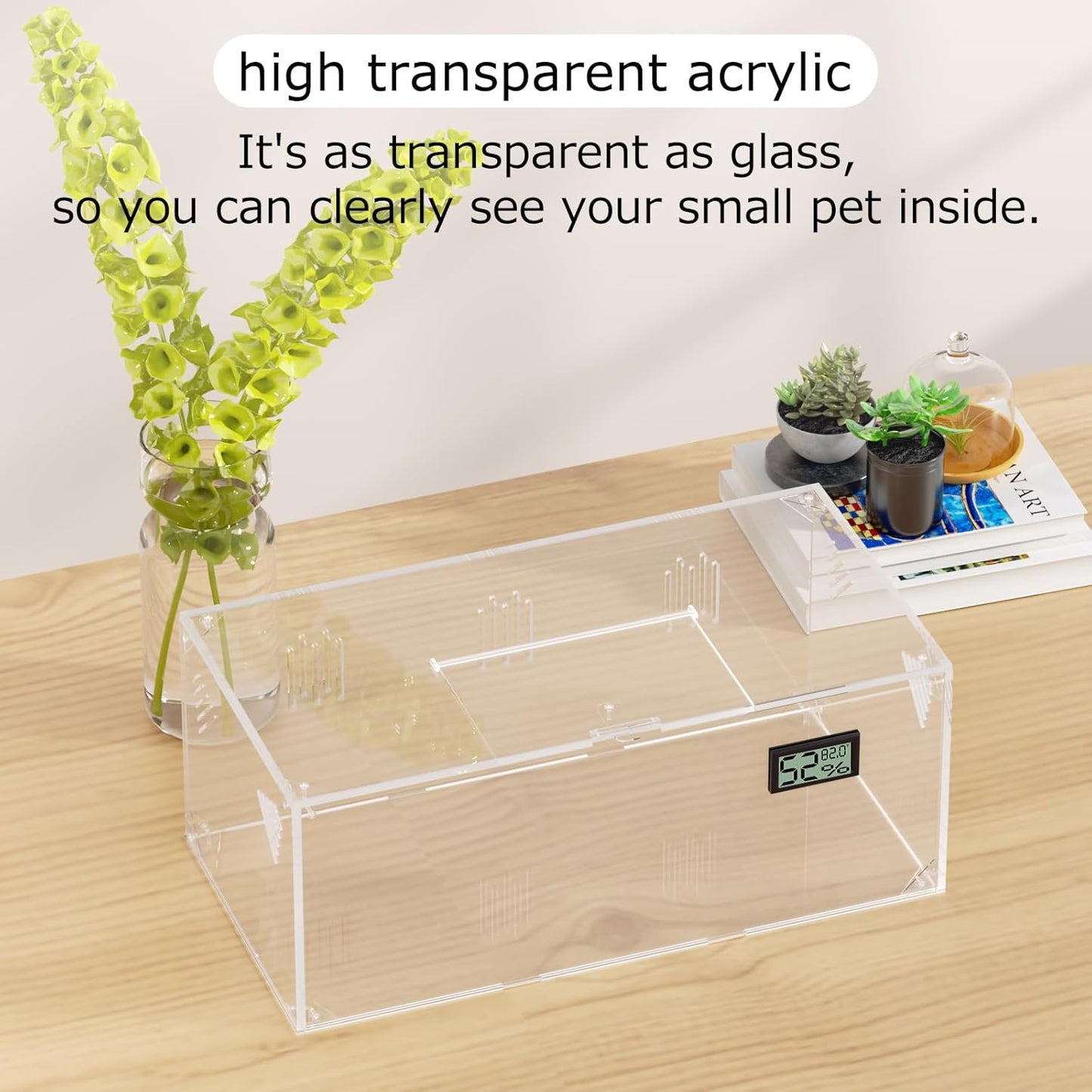 Acrylic Tarantula Enclosure, Reptile Terrarium Breeding Tank w/Temperature Hygrometer,Habitat Reptiles Feeding Box Isopod Terrarium Cage for Insect Lizard Home Office (Reptile-Tank-S(No Tray))