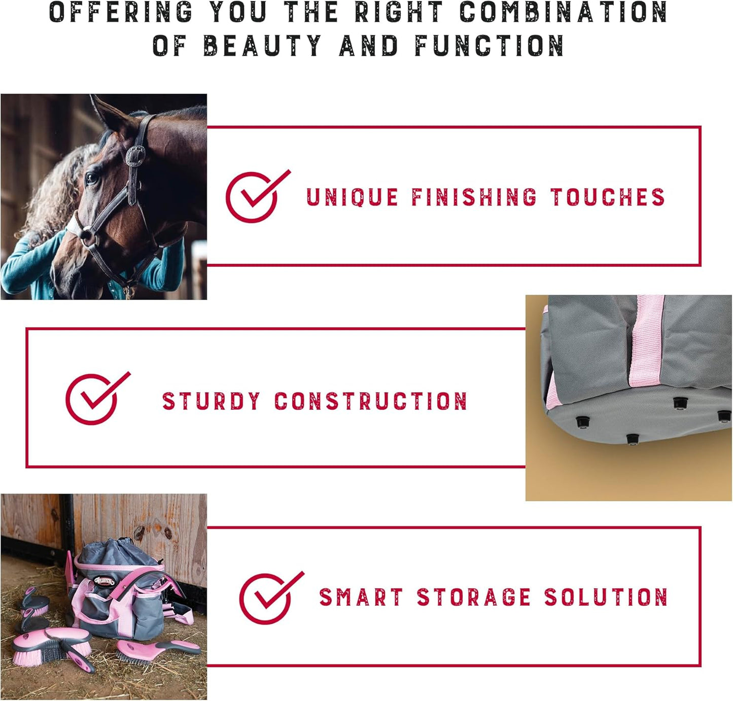 Weaver Leather Horse Grooming Kit, 7-piece Horse Brush Set with Organizer Tote Bag, Equine Care, Horse Tack Room Equipment, Grooming Horse Supplies, Gray/Pink