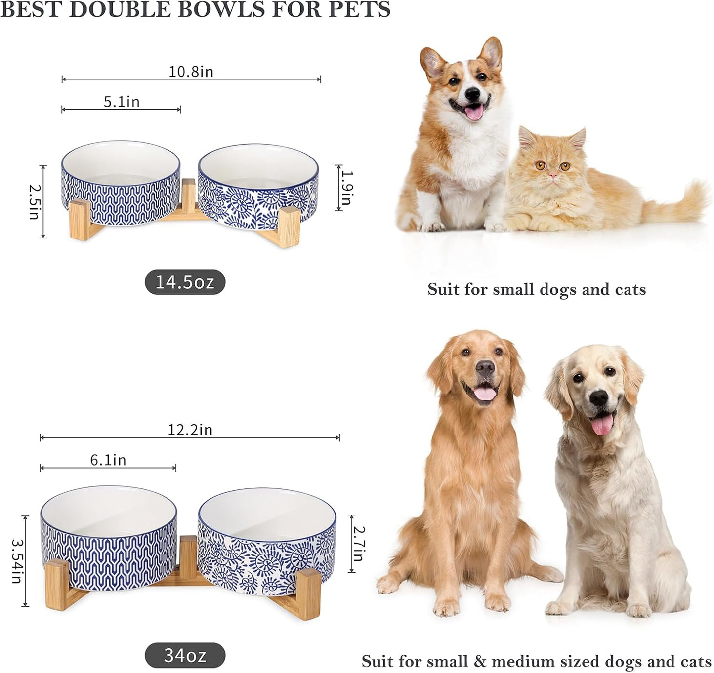 Selamica Ceramic 30 OZ Dog Bowls, Dog Food and Water Bowls with Wooden Stand, Anti-Slip Dog Dishes Set for Cats Small & Medium Sized Dogs, Weighted Pet Bowls Set of 2, Vintage Blue B