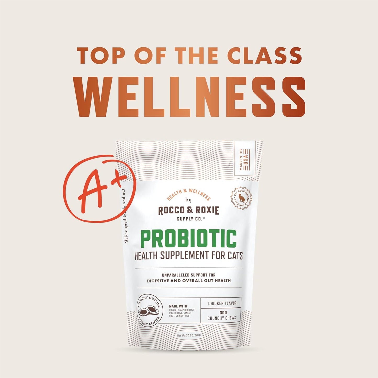 Rocco & Roxie Cat Probiotic Health Supplement for Cats, Prebiotic and Postbiotic for Digestive + Gut Support, Constipation Relief, Anti Diarrhea, Supplements & Vitamins, Chicken Flavored Crunchy Chews