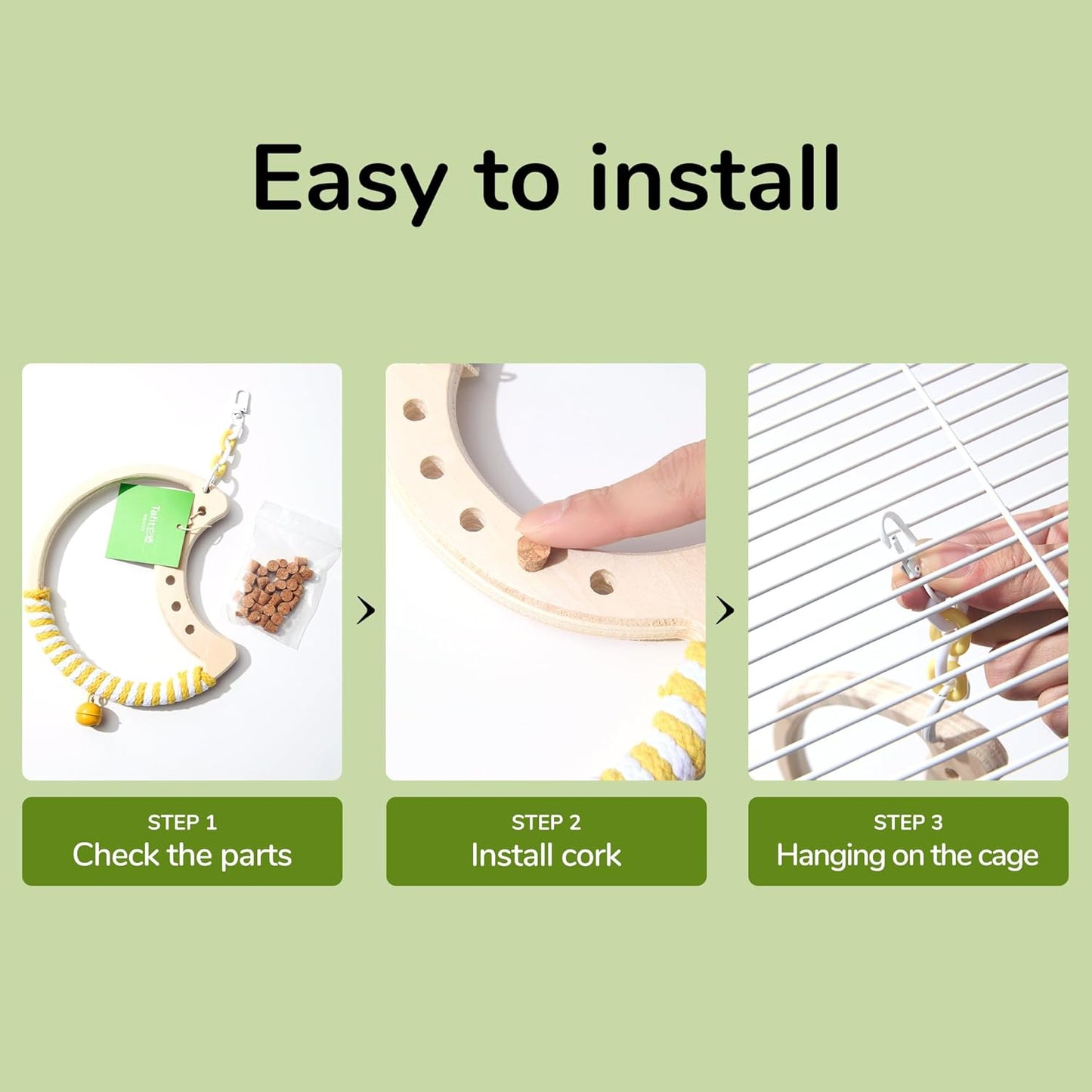 Natural Bird Swing - Moon-Shaped Parrot Perch with Bell and Cork Toys, Spinning Wooden Stand for Parakeets, Budgies, Lovebirds and Small/Medium Birds (White + Green)