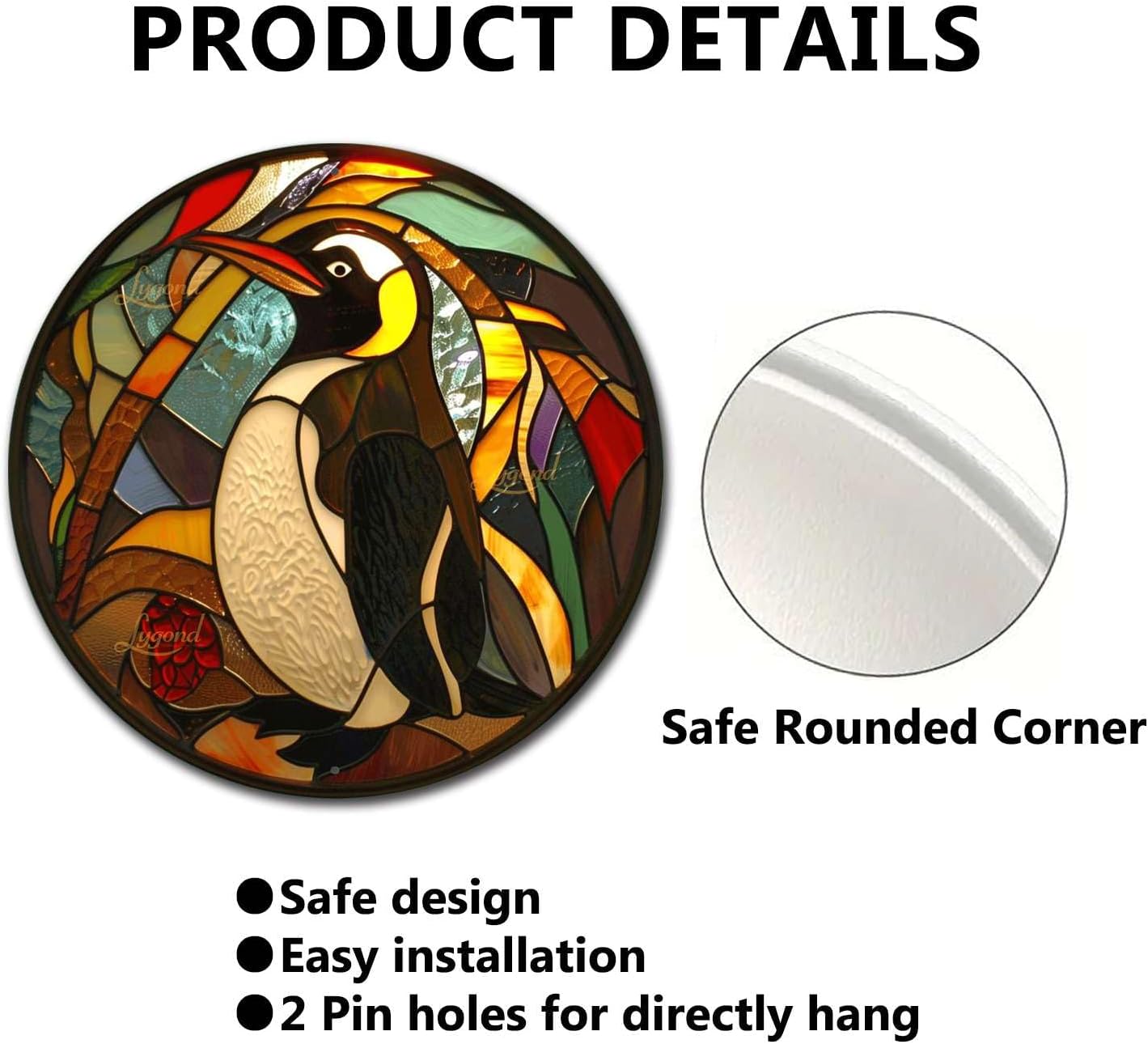 Lygond Metal Penguin Sign - Circular Stained Glass Design, 88 Inches
