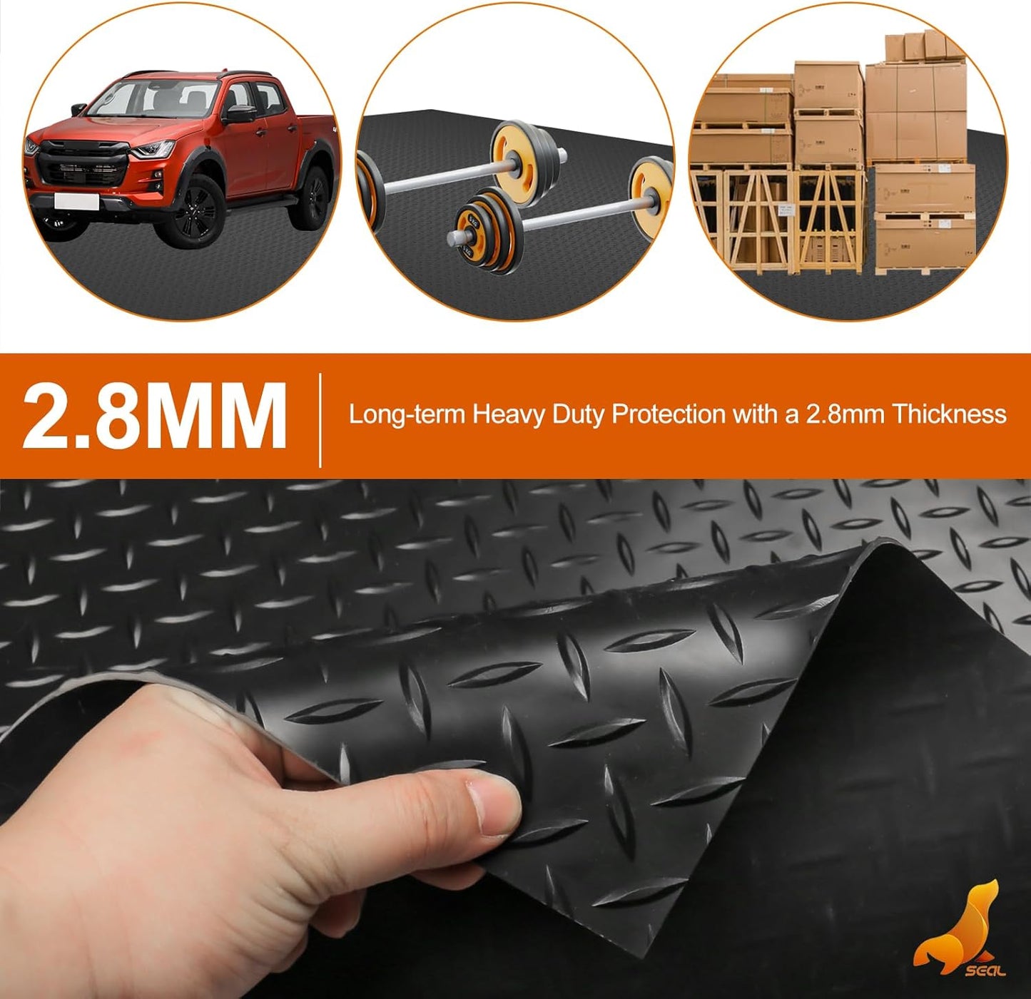 SEAL 6 x 20 Ft Premium Garage Floor Mat, Solid 2.8mm Thickened Black Commercial Grade Heavy Duty Parking Mat for Garage Floor, Golf Cart, Water/Stain Resistant Floor Runner (Embossed Diamond Plate)