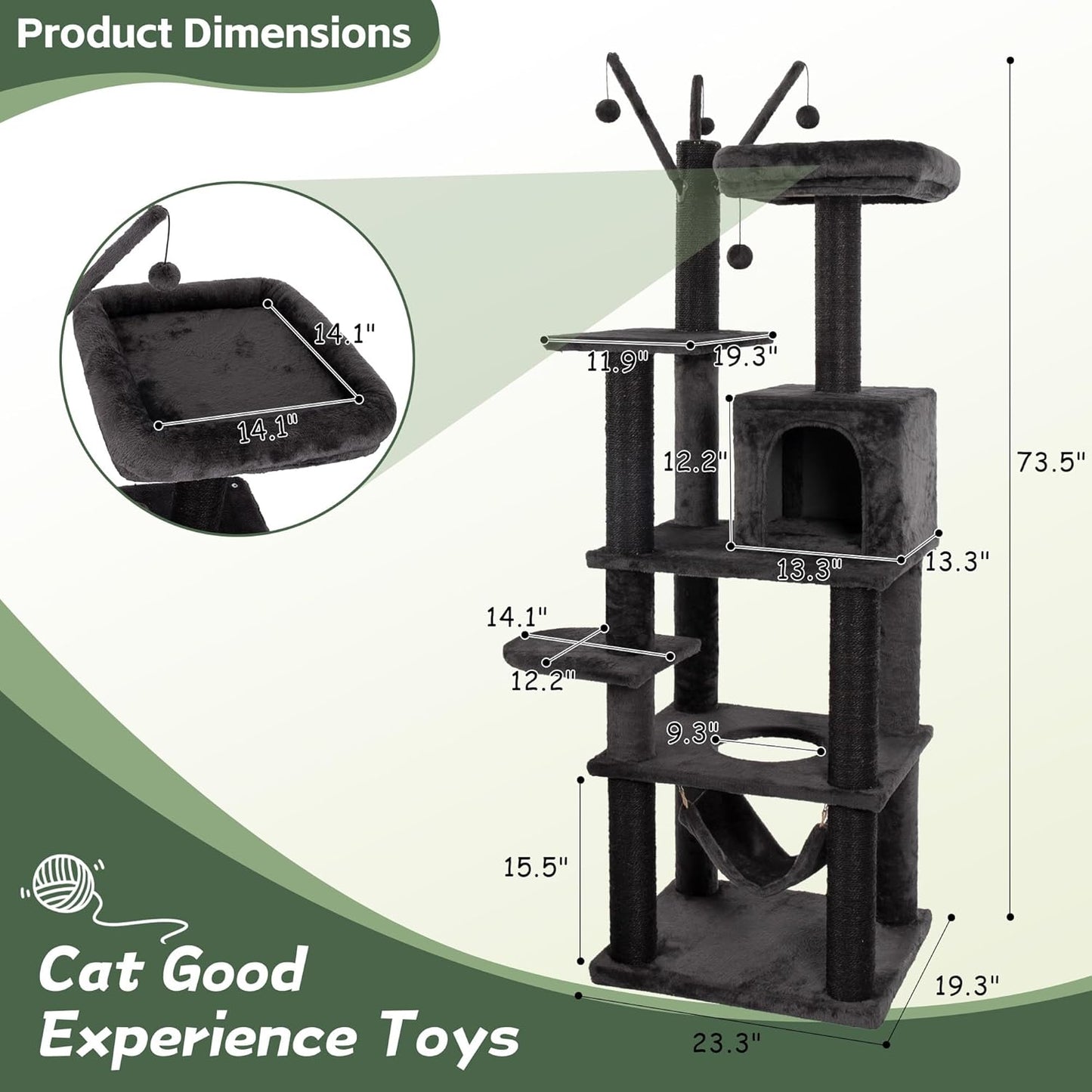 KAMABOKO Cat Tree, 73.6" H Tall Climbing Modern Indoor Play Tower for Large Cats and Kittens, Cats House with Cat Cave Condo, Cat Tree Hammock, Multi-Level Cat Activity Tree, and Cute Scratching Posts