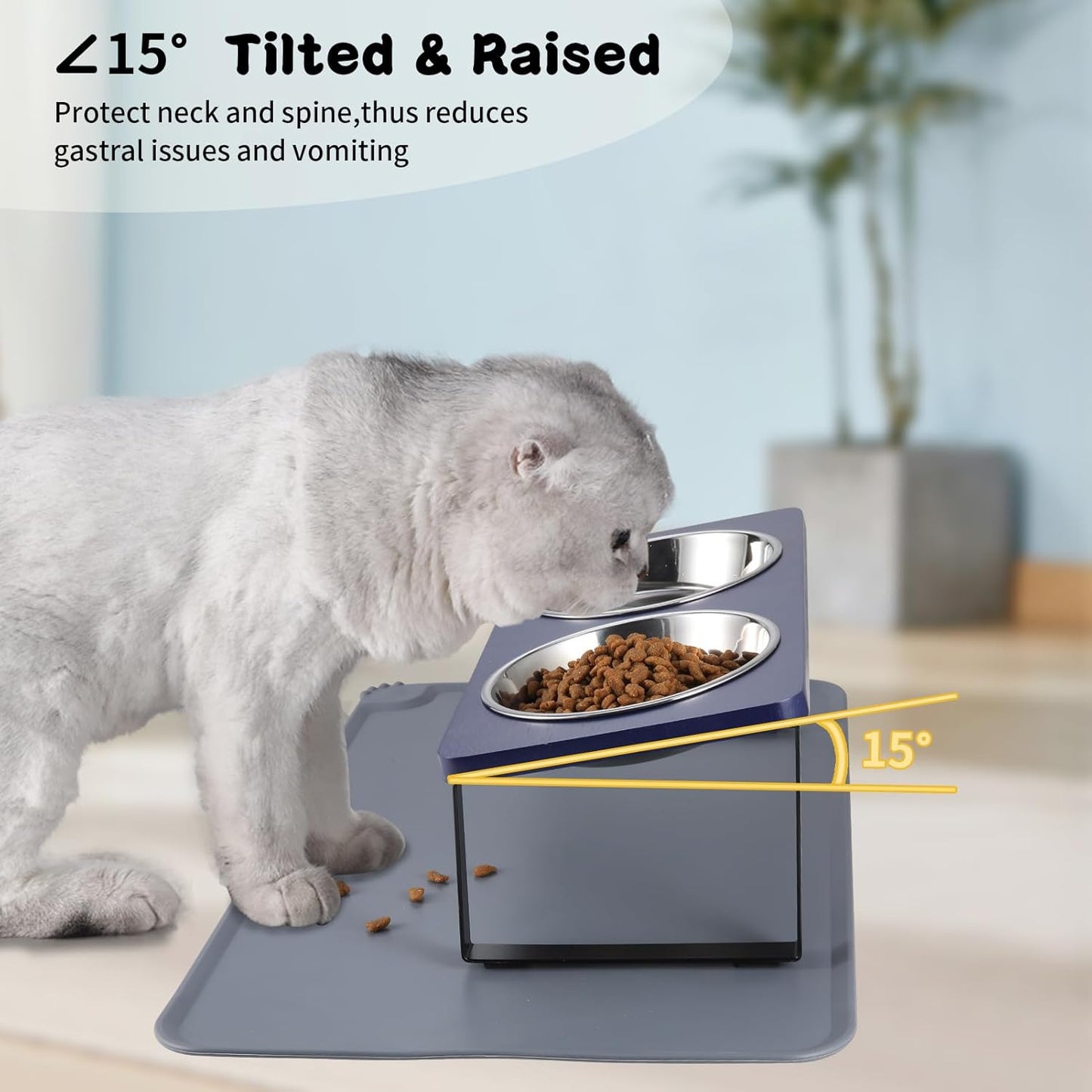 Upgraded Elevated Cat Bowls with Food Mat,15°Tilted Stand Anti Vomiting Raised Cat Dishes for Food and Water,2 Stainless Steel Bowls for Cats and Puppies(Navy Blue)